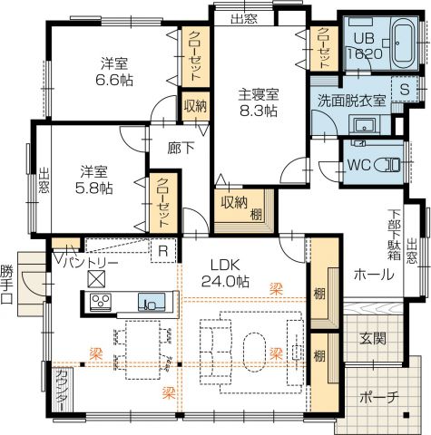 施工例19 平屋 純和風 高天井 見せ梁 最上階 公団 1階寝室の家など間取りをご紹介 福岡の分譲住宅 注文住宅なら山根木材の家